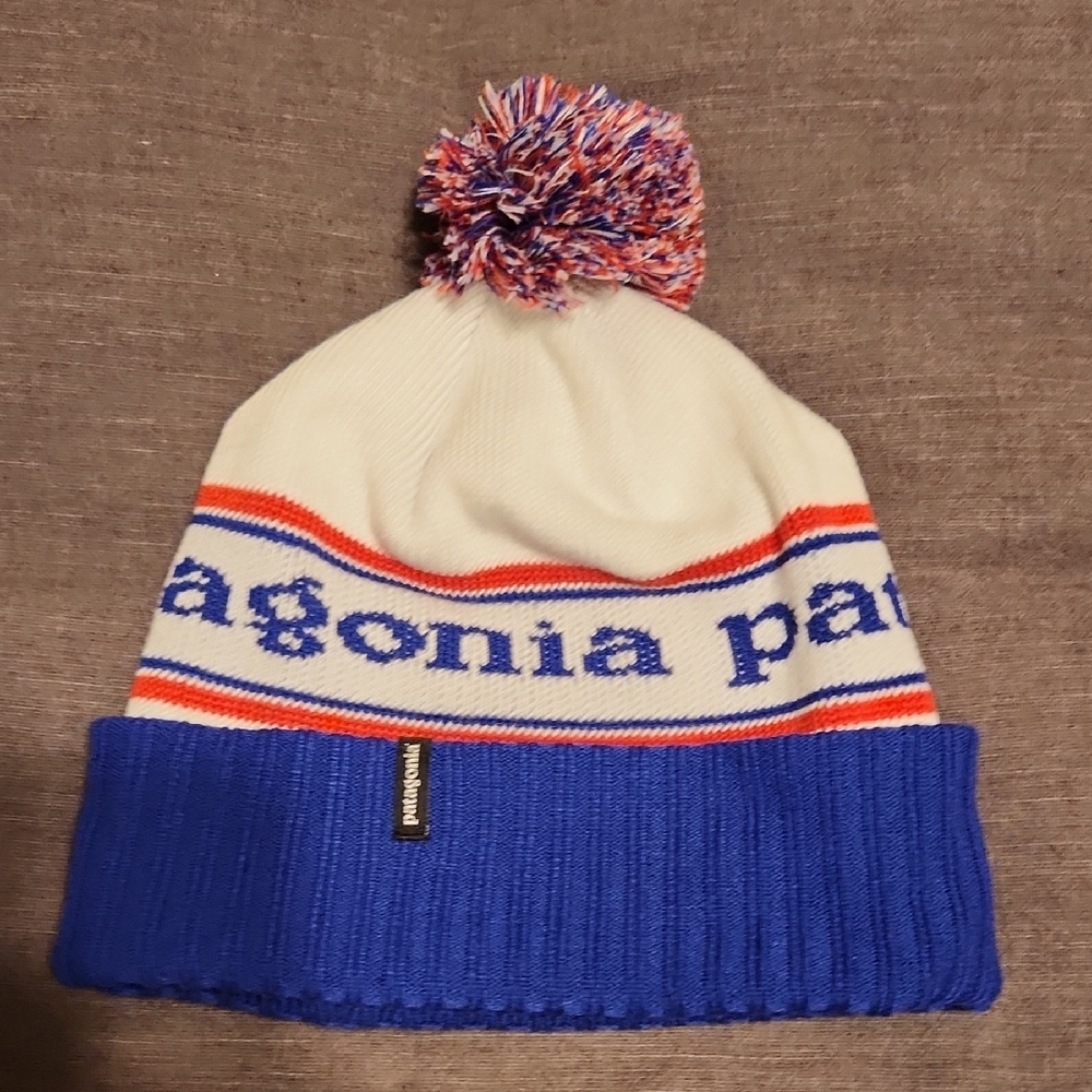 Patagonia Blue and Cream Beanie with Pom-Pom